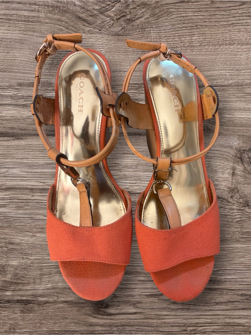 COACH Orange Canvas T-Strap Sandals with Tan Leather Trim